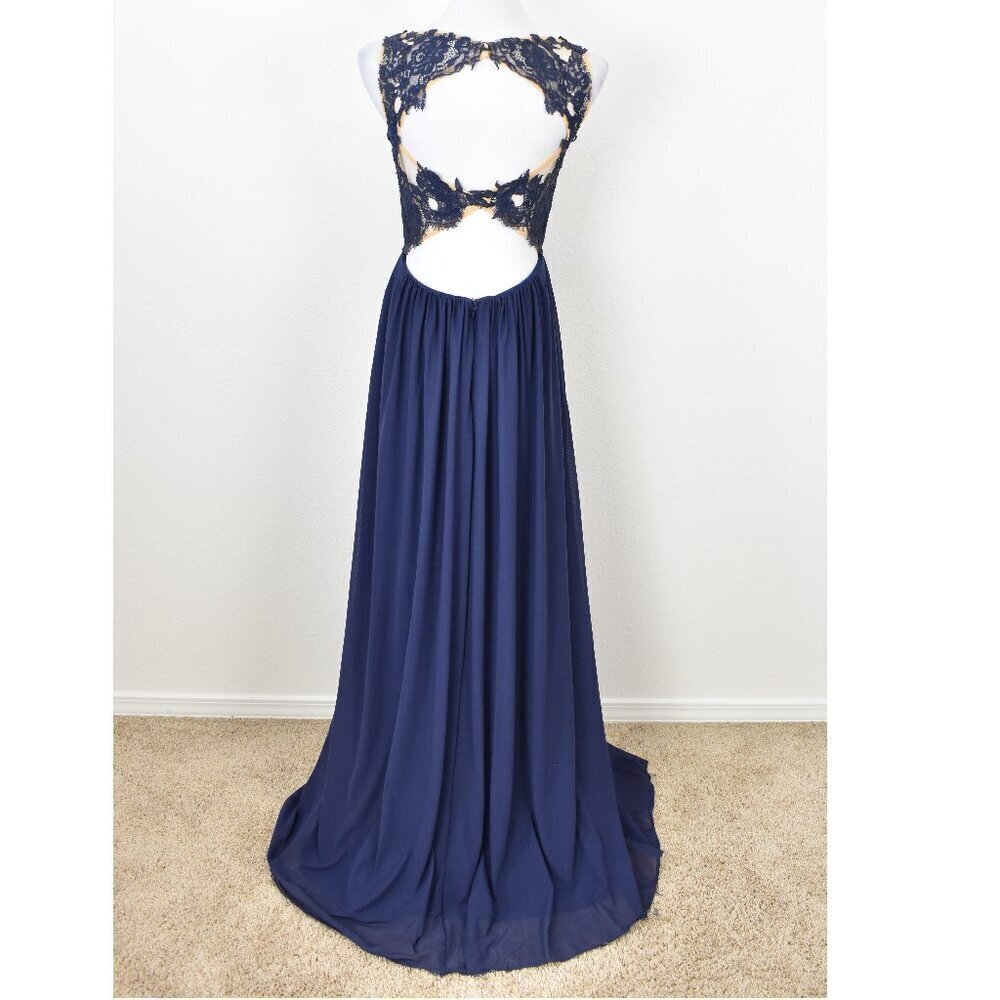 Sherri Hill 5207 Navy Blue Lace Illusion Open Back Gown - 12 - Picture 11 of 14